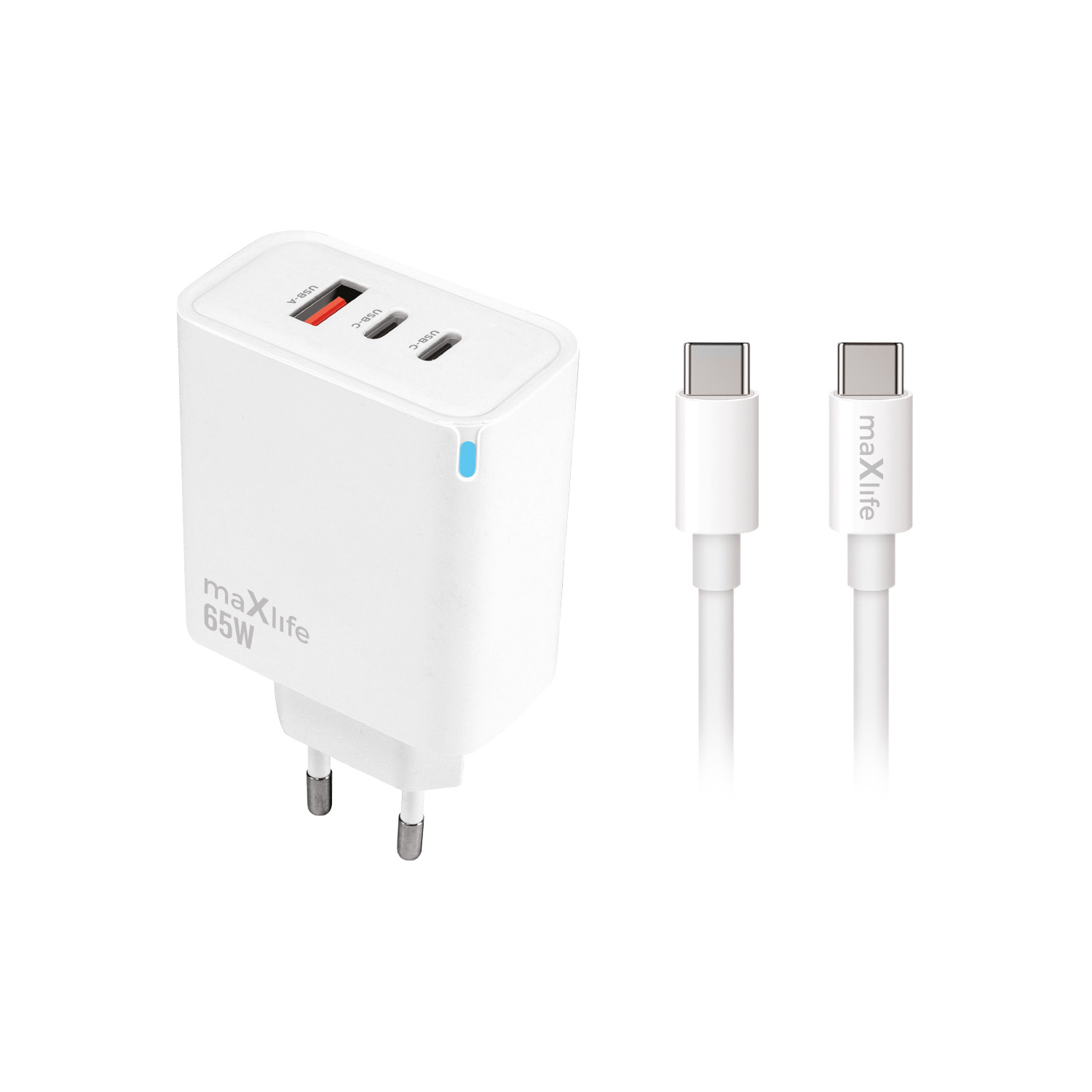 Maxlife MXTC-09-65ACC GaN PD QC charger 2x USB-C 1x USB 65W white + USB-C - USB-C cable 2.0m 100W