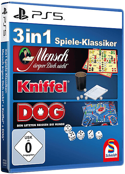 Schmidt Spiele 3 in1 Spiele Klassiker - Mensch ärgere dich nicht + Kniffel + DOG PS5